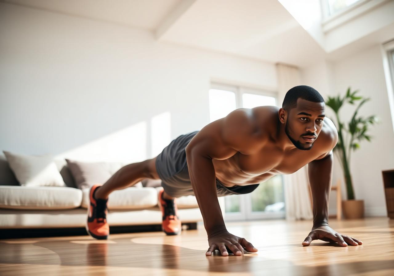 A man doing push-ups in a bright living room